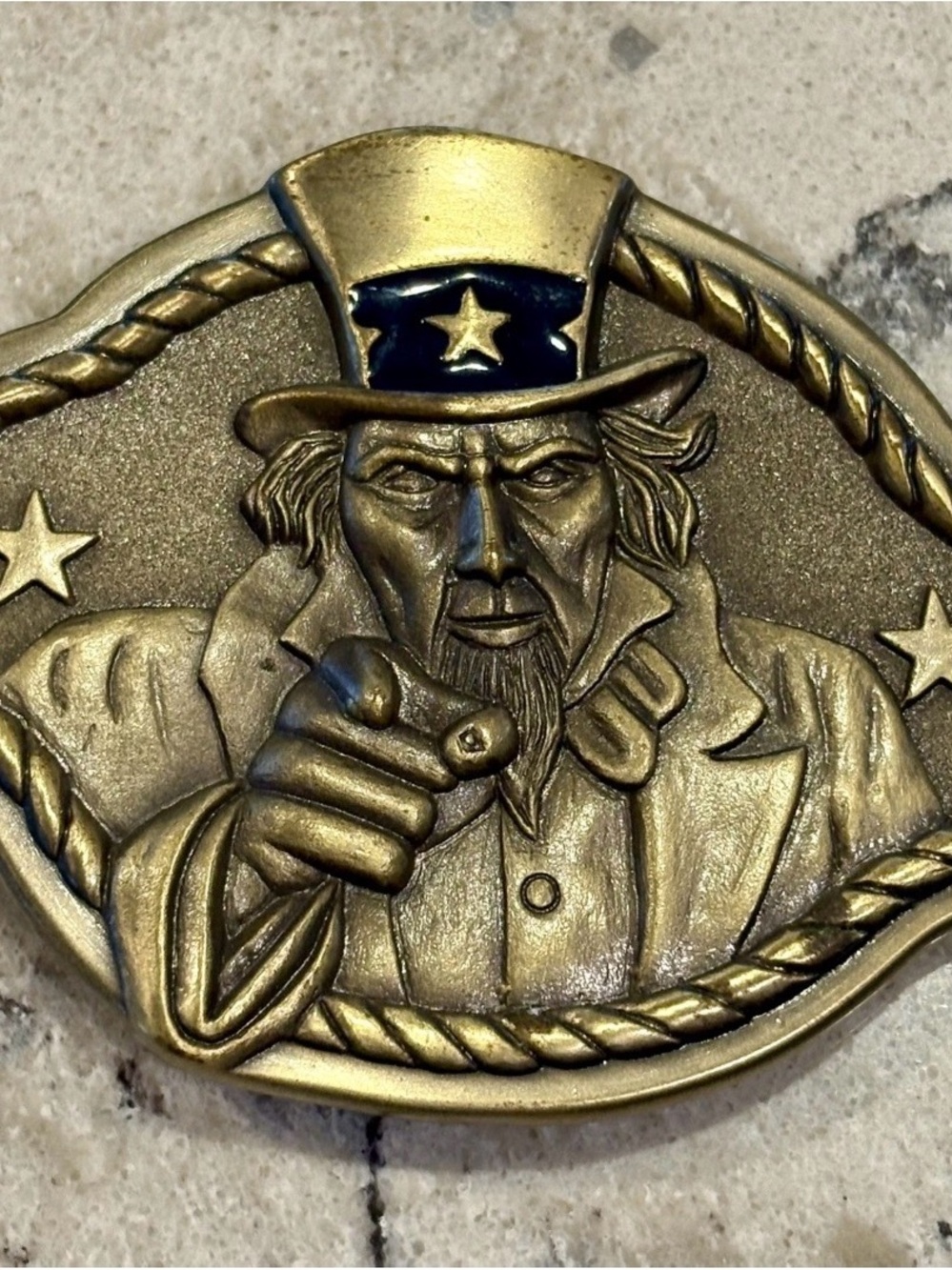 Source Unknown Brass Uncle Sam Belt Buckle with Navy Accent